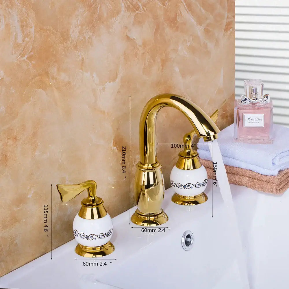 Golden plated bathroom faucet set with white ceramic handles
