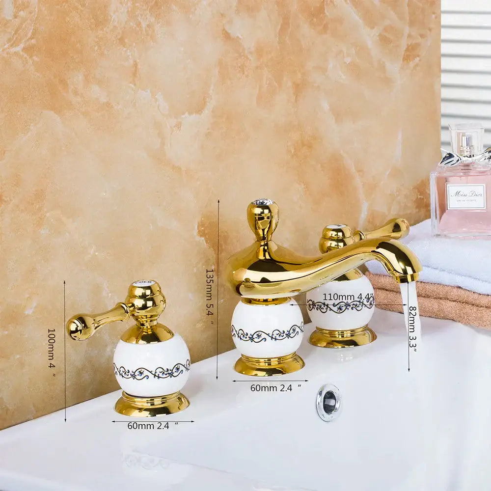 Golden plated bathroom faucet set with white ceramic handles