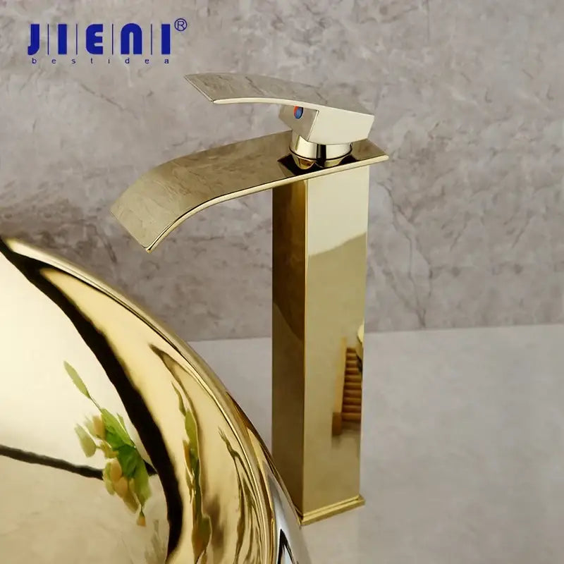 Golden plated ceramic basin sink and faucet set for bathroom