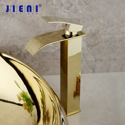 Golden plated ceramic basin sink and faucet set for bathroom