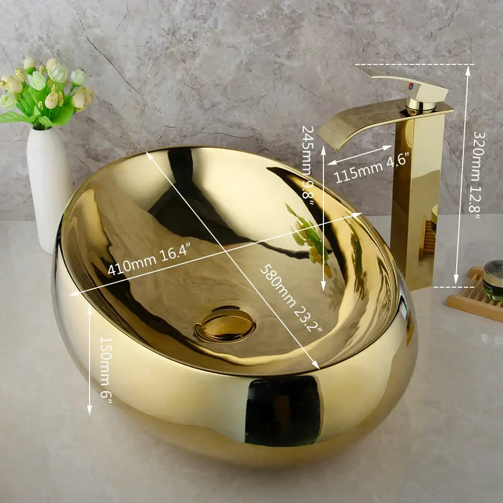 Golden plated ceramic basin sink and faucet set for bathroom