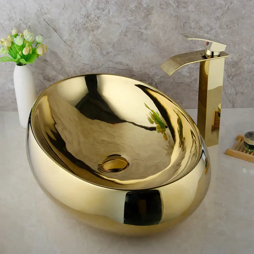 Golden plated ceramic basin sink and faucet set for bathroom