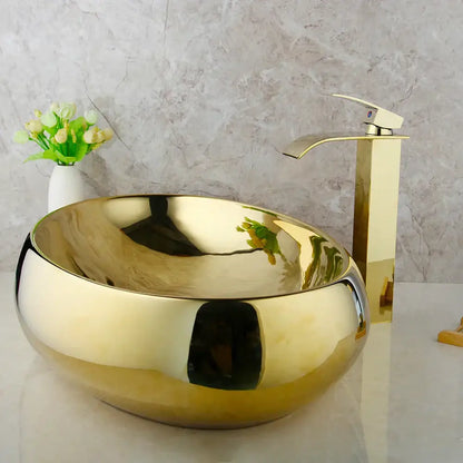 Golden plated ceramic basin sink and faucet set for bathroom