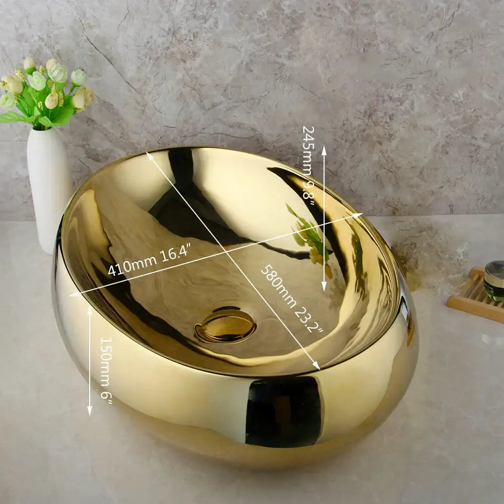 Golden plated ceramic basin sink and faucet set for bathroom