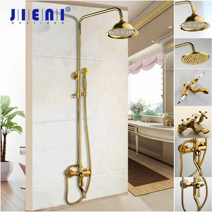 Golden polished shower head with handheld spray bathroom system