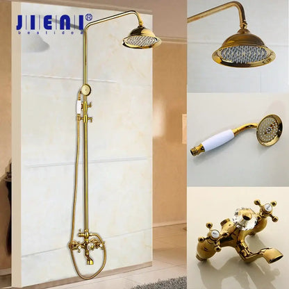 Golden polished shower head with handheld spray bathroom system