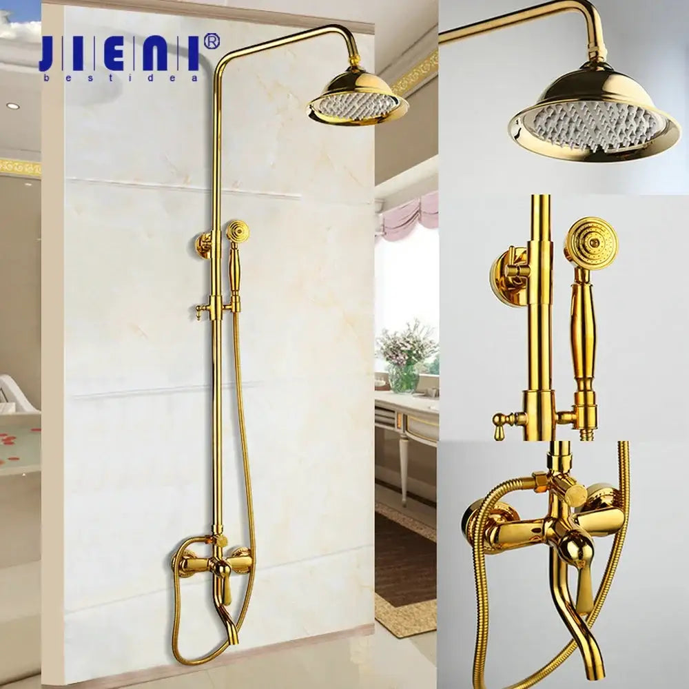 Golden polished shower head with handheld spray bathroom system