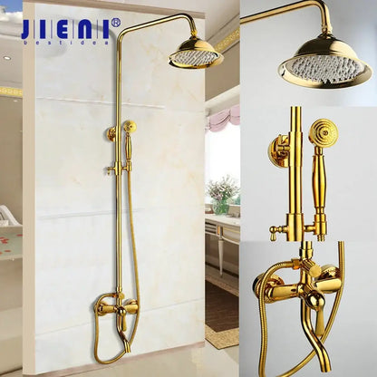 Golden polished shower head with handheld spray bathroom system