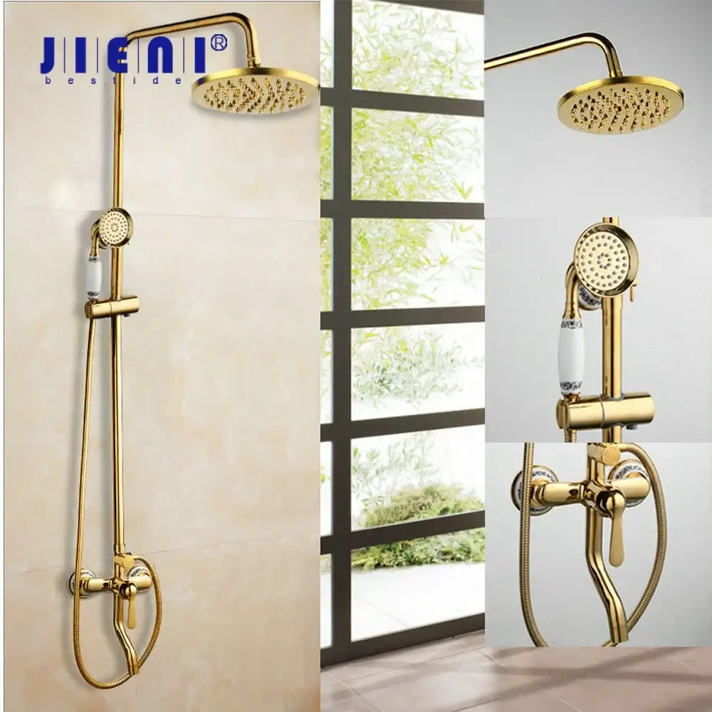 Golden polished shower head with handheld spray bathroom system