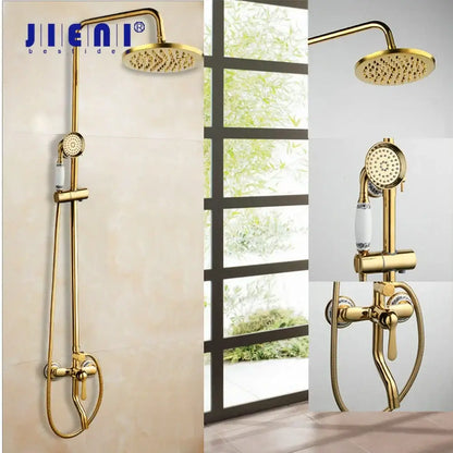 Golden polished shower head with handheld spray bathroom system
