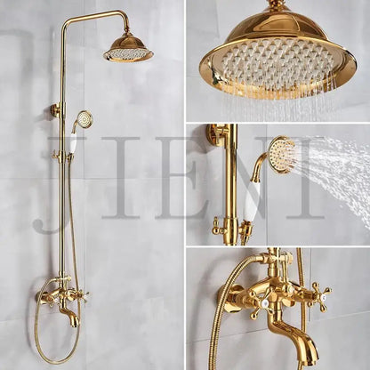 Golden polished shower head with handheld spray bathroom system