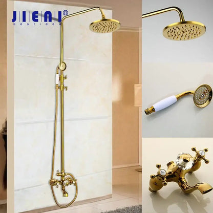 Golden polished shower head with handheld spray bathroom system