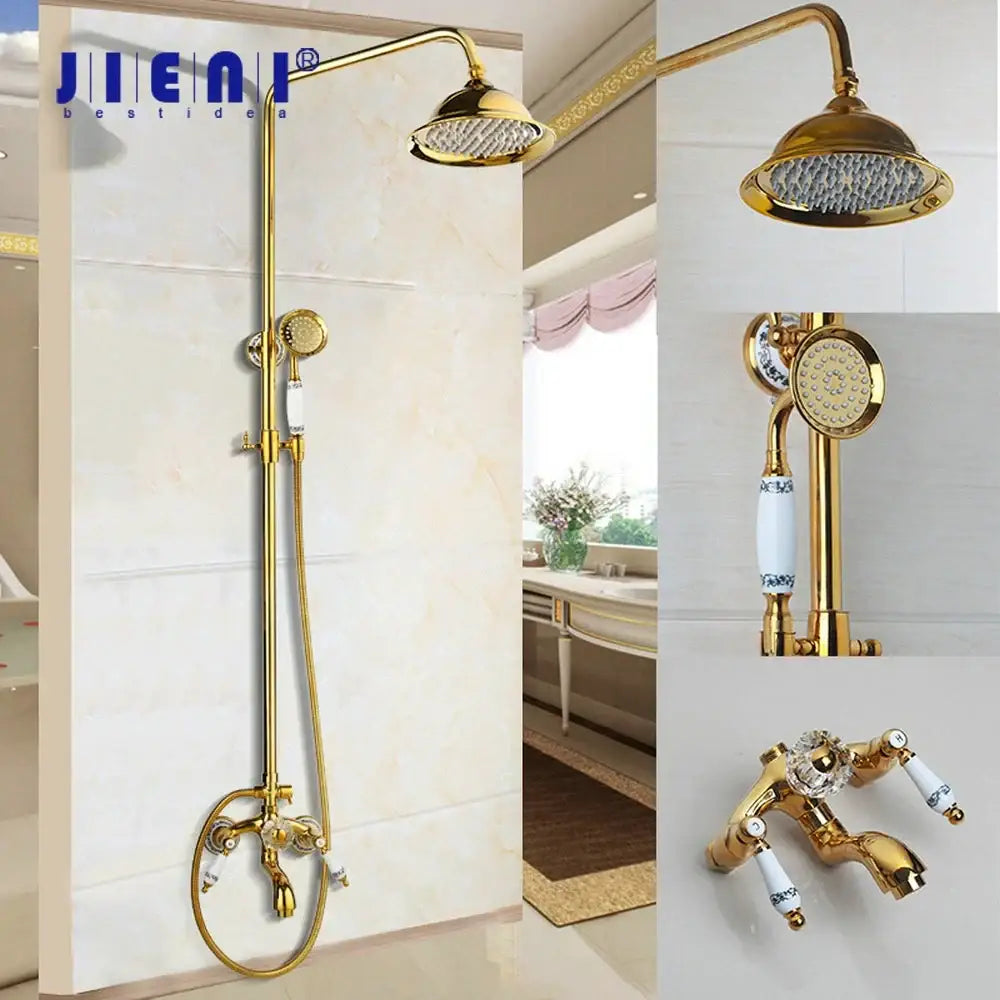 Golden polished shower head with handheld spray bathroom system