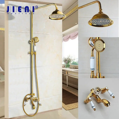 Golden polished shower head with handheld spray bathroom system