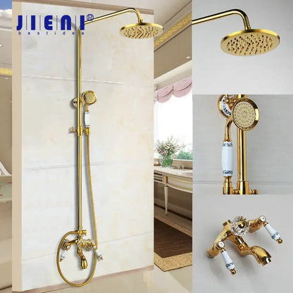 Golden polished shower head with handheld spray bathroom system