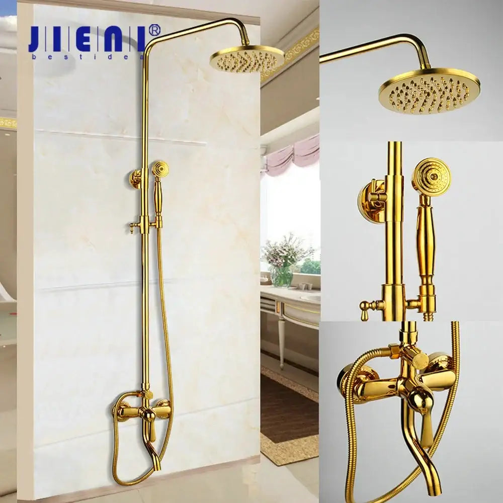 Golden polished shower head with handheld spray bathroom system