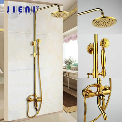 Golden polished shower head with handheld spray bathroom system
