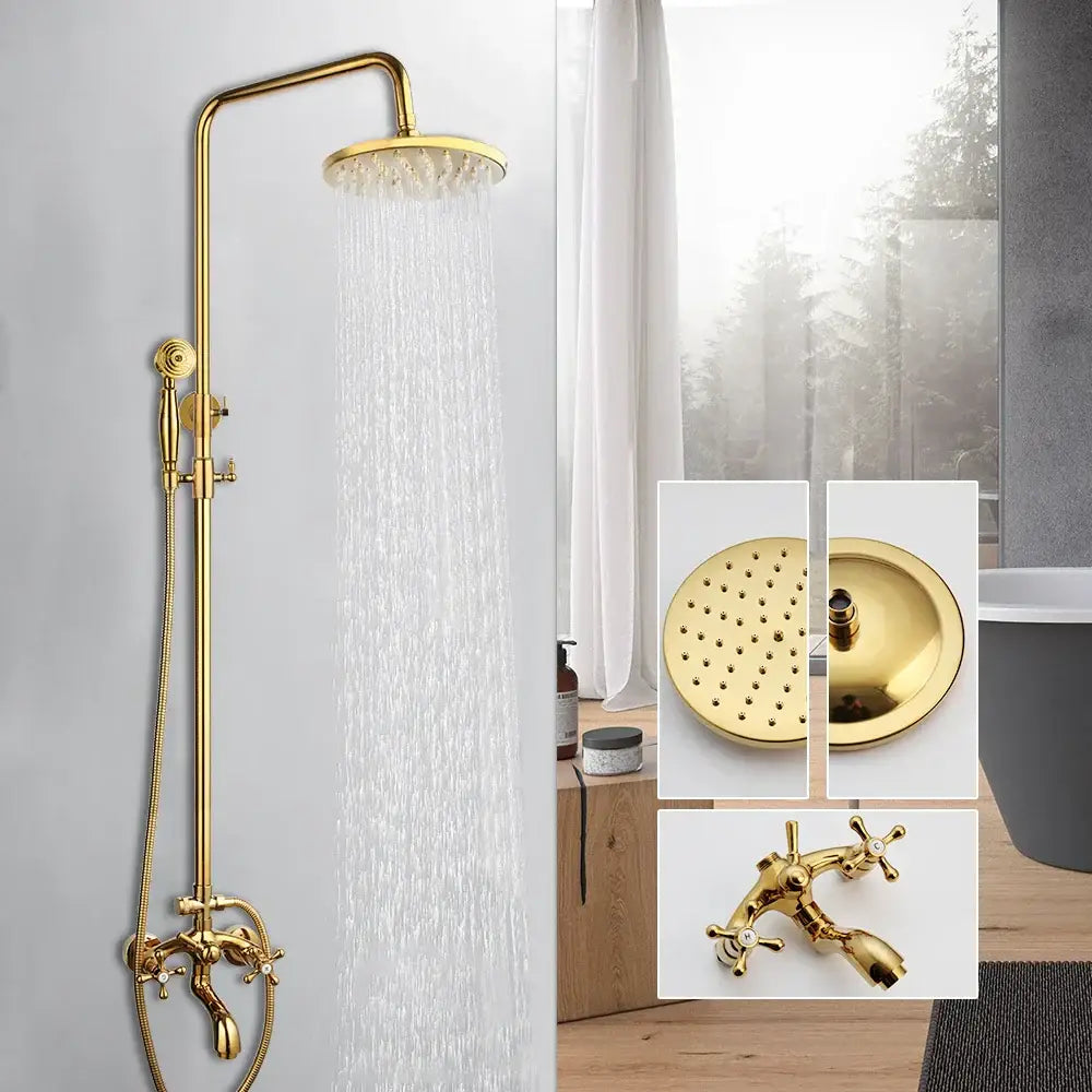 Golden polished shower head with handheld spray bathroom system