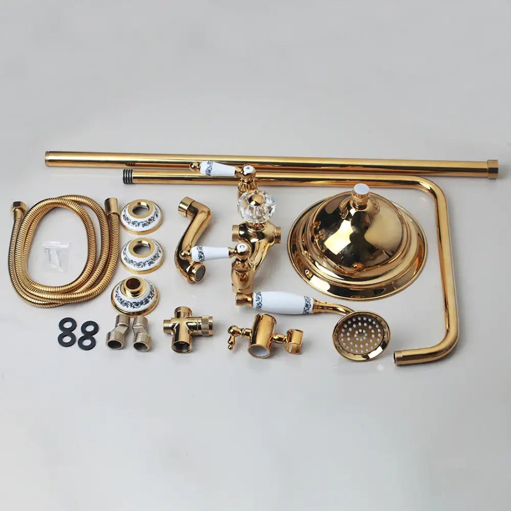 Golden polished shower head with handheld spray bathroom system