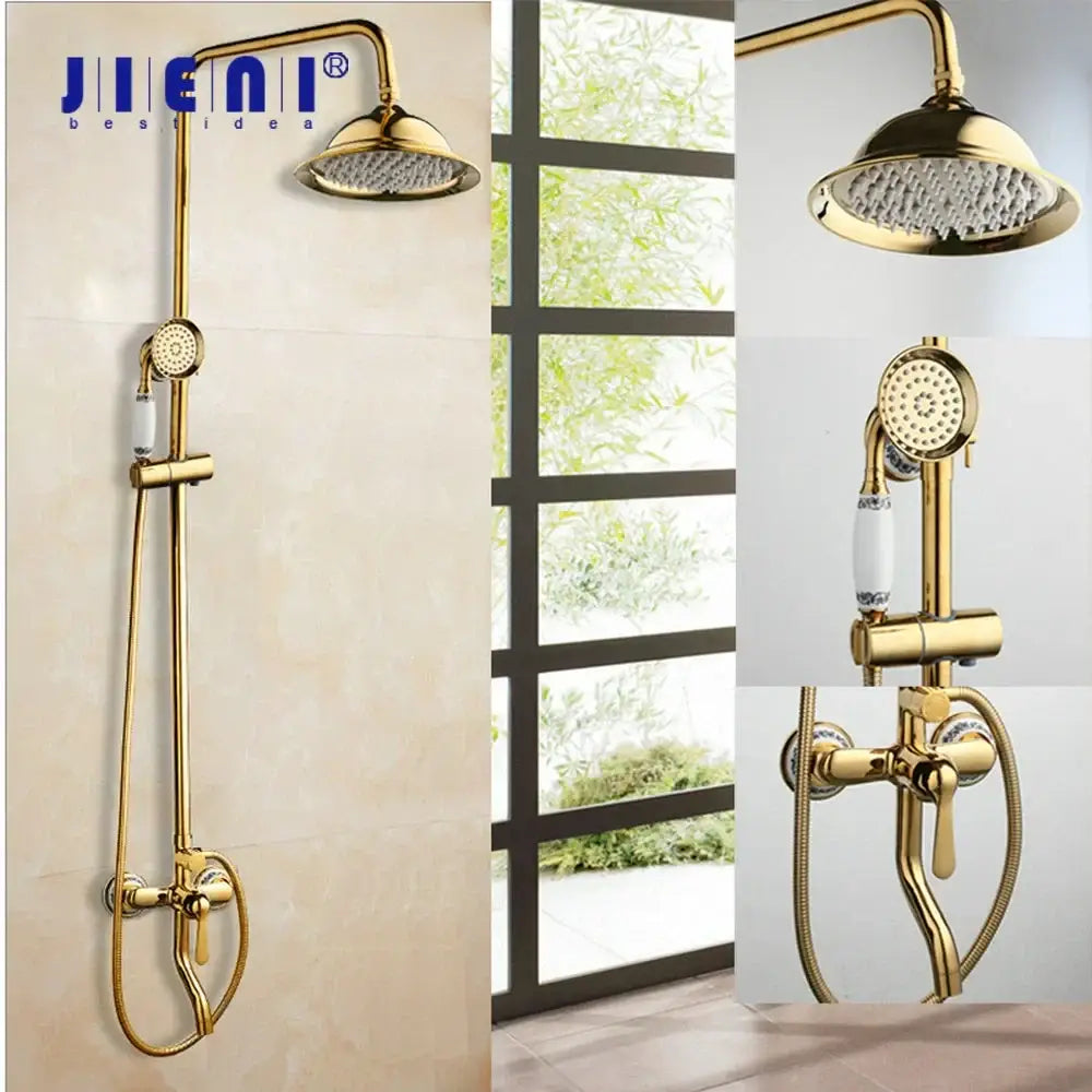 Golden polished shower head with handheld spray bathroom system