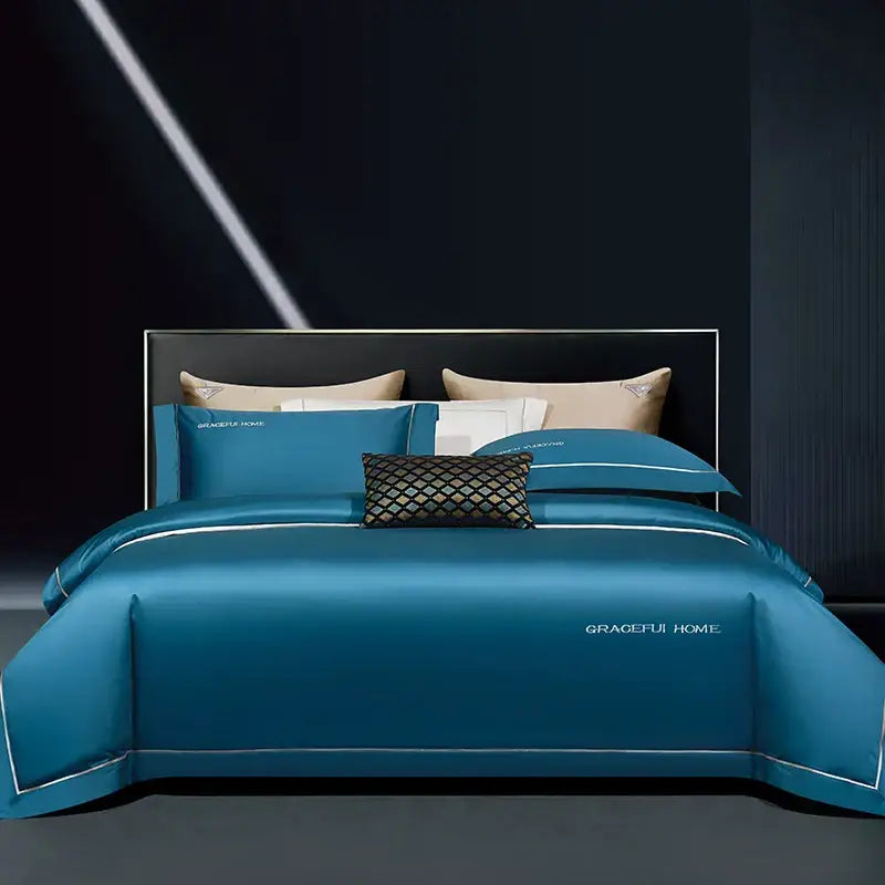 Golden satin egyptian cotton bedding set bedroom embroidery detail