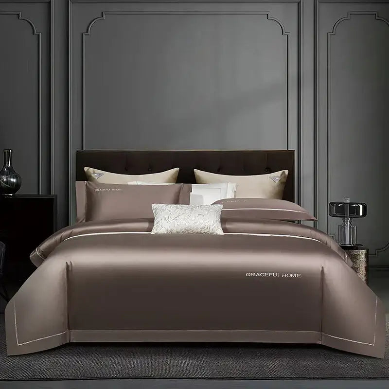 Golden satin egyptian cotton bedding set bedroom embroidery detail