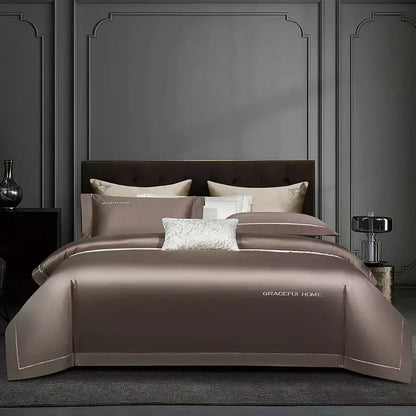 Golden satin egyptian cotton bedding set bedroom embroidery detail