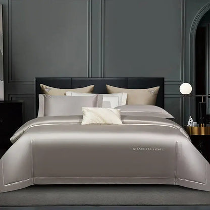Golden satin egyptian cotton bedding set bedroom embroidery detail