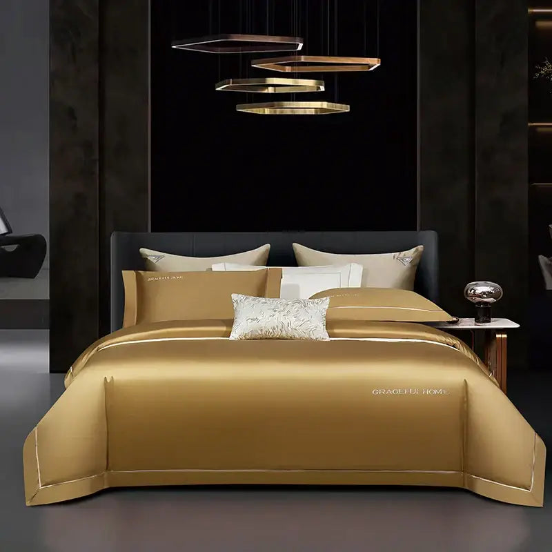 Golden satin egyptian cotton bedding set bedroom embroidery detail