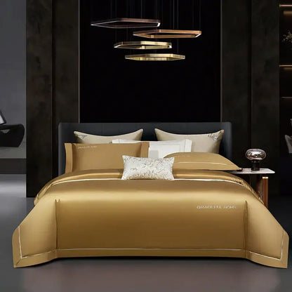 Golden satin egyptian cotton bedding set bedroom embroidery detail