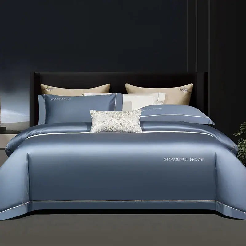 Golden satin egyptian cotton bedding set bedroom embroidery detail
