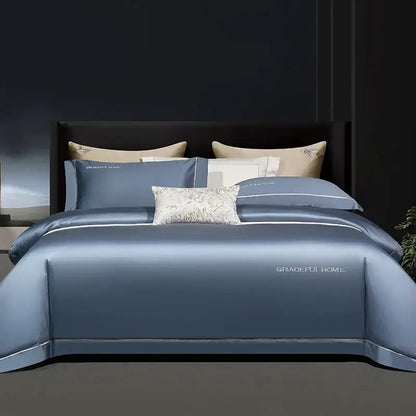 Golden satin egyptian cotton bedding set bedroom embroidery detail