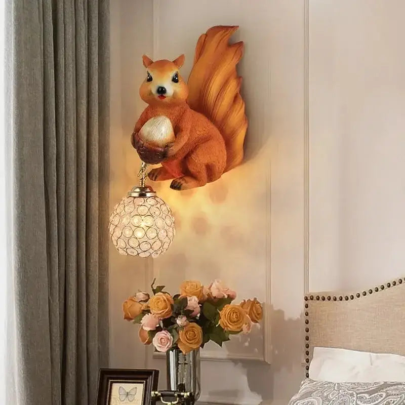 Golden squirrel cute squirrel wall lamps bedroom crystal globe decor