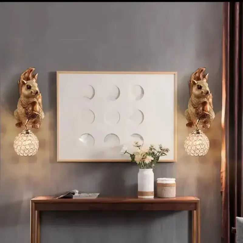 Golden squirrel cute squirrel wall lamps bedroom crystal globe decor