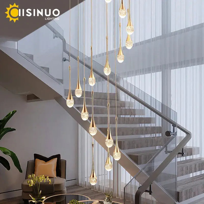 Golden teardrop crystal staircase chandelier for living room