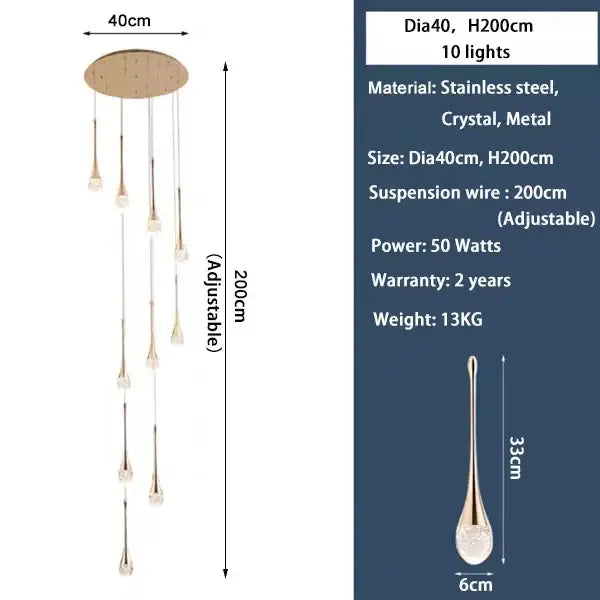 Golden teardrop crystal staircase chandelier for living room