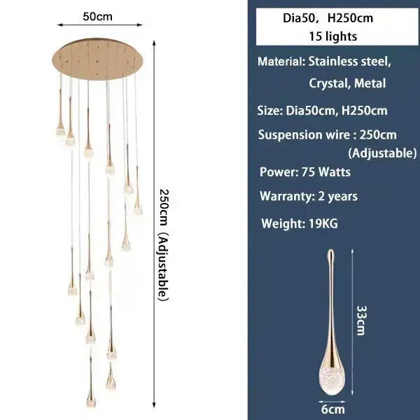 Golden teardrop crystal staircase chandelier for living room