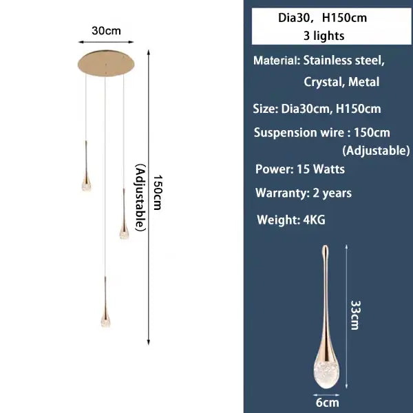 Golden teardrop crystal staircase chandelier for living room