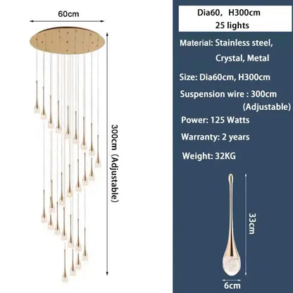Golden teardrop crystal staircase chandelier for living room