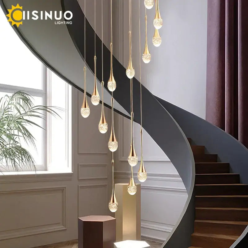 Golden teardrop crystal staircase chandelier for living room