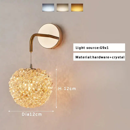 Golden textured glass wall lamp with crystal beads living room