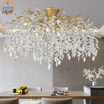 Golden tree branch crystal led ceiling chandelier dining room gold & black