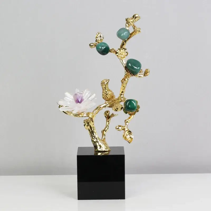 Golden tree brass amethyst crystal flower sculpture living room decor