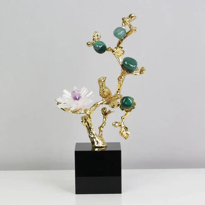 Golden tree brass amethyst crystal flower sculpture living room decor