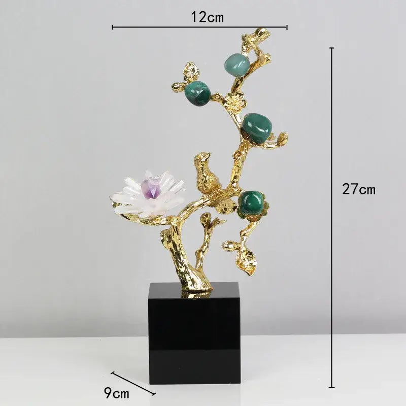 Golden tree brass amethyst crystal flower sculpture living room decor