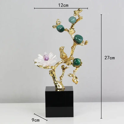 Golden tree brass amethyst crystal flower sculpture living room decor