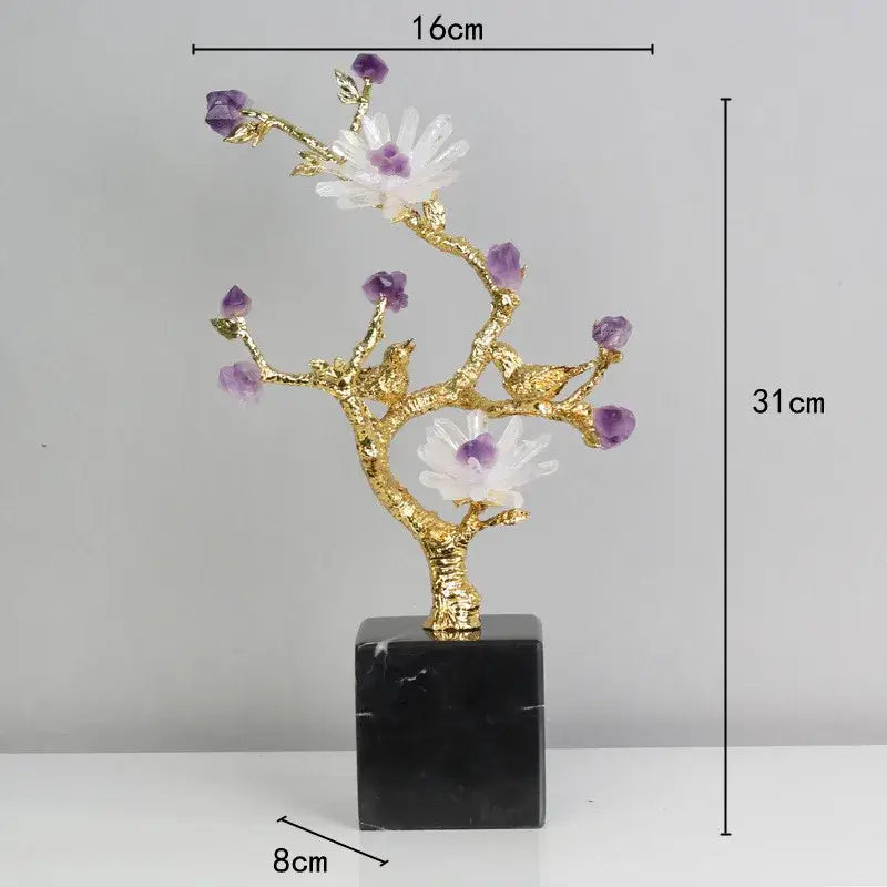 Golden tree brass amethyst crystal flower sculpture living room decor