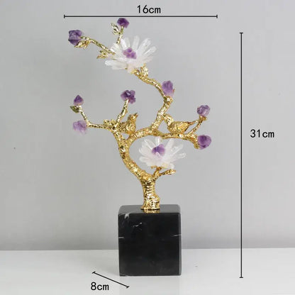 Golden tree brass amethyst crystal flower sculpture living room decor