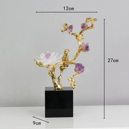 Golden tree brass amethyst crystal flower sculpture living room decor
