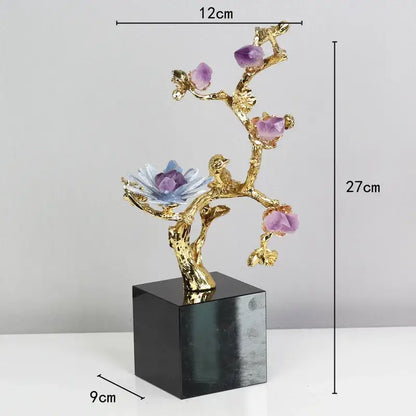 Golden tree brass amethyst crystal flower sculpture living room decor